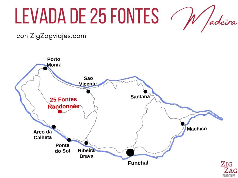 Levada de 25 Fontes en Madeira mapa