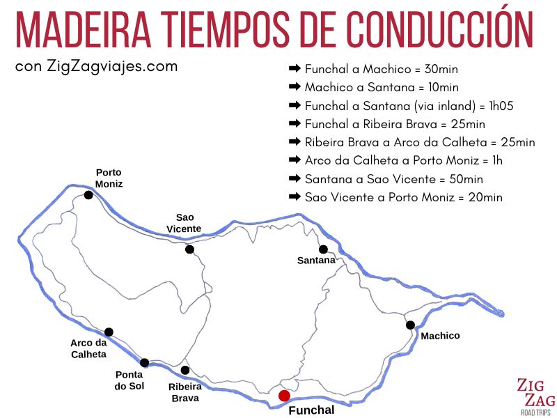Mapa de tiempos de conducción en Madeira
