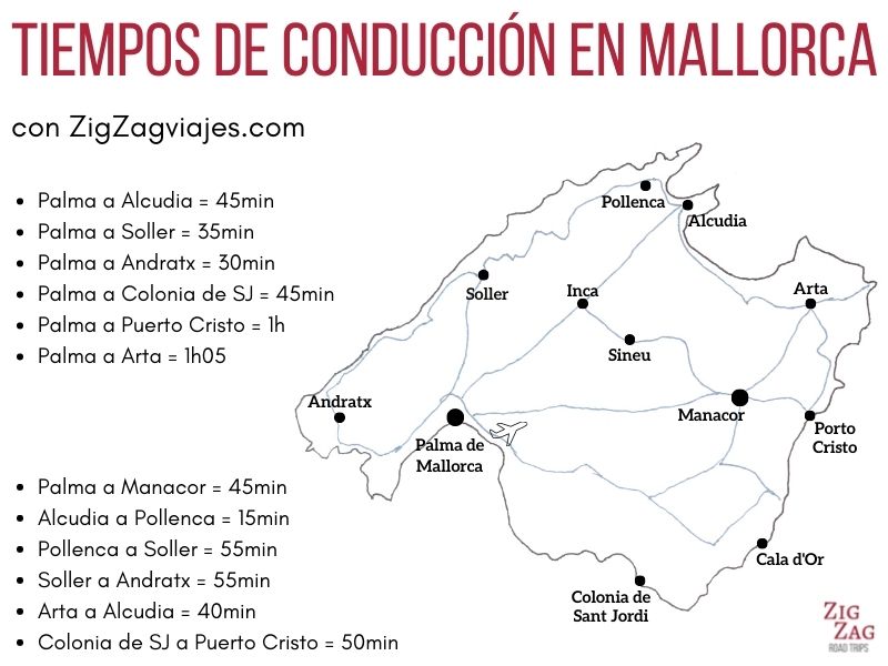 Mapa con tiempos de conducción en Mallorca