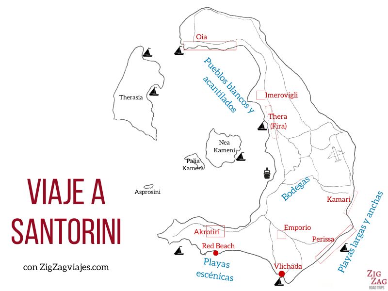 Mapa de cosas que ver en su viaje a Santorini