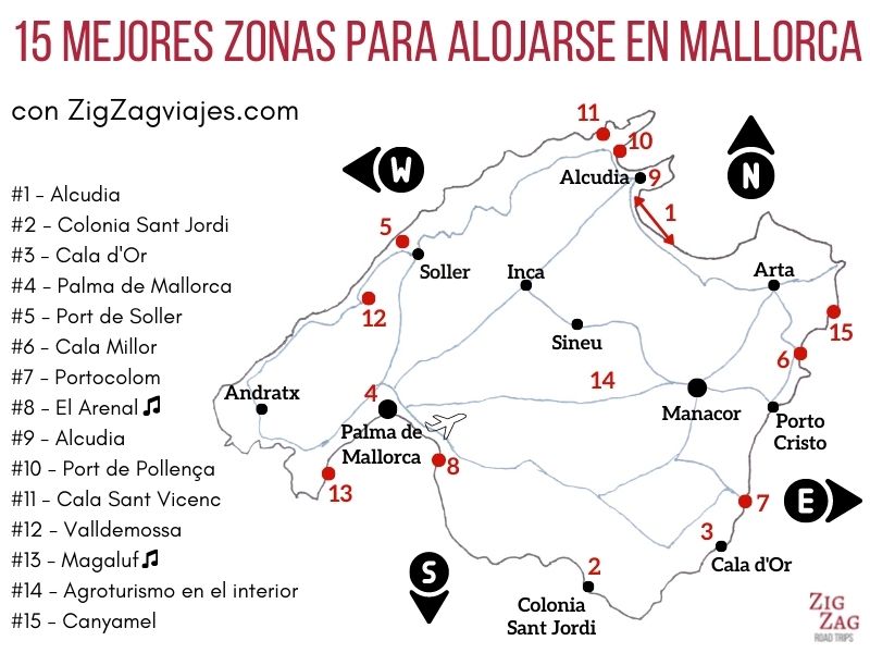 Mapa de las mejores zonas para alojarse en Mallorca