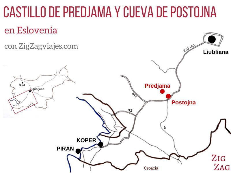 Castillo de Predjama y Cuevas de Postojna, Eslovenia - Mapa