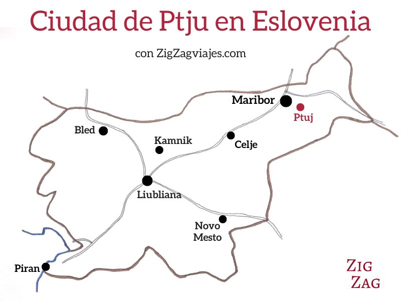 Ciudad de Ptuj y castillo en Eslovenia - Mapa