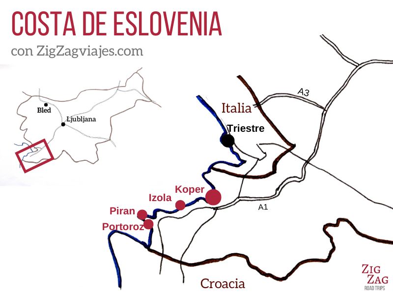 Costa eslovena y Piran, Eslovenia - Mapa