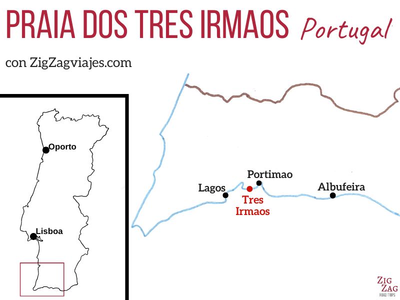 Playa de Tres Irmaos en el Algarve, Portugal - Mapa