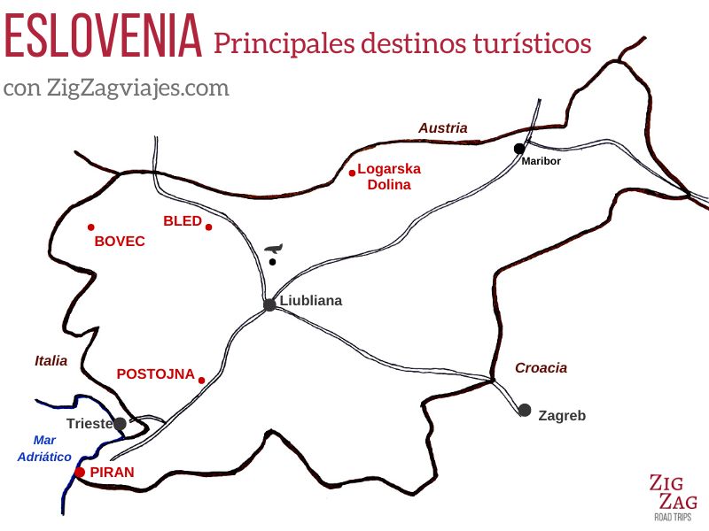 Principales destinos turisticos de Eslovenia - Mapa