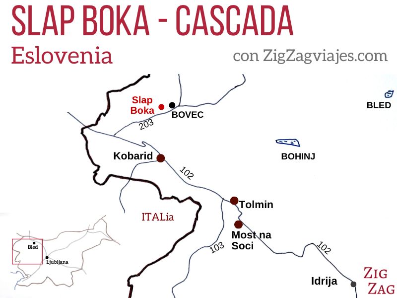 Mapa de Cascada Boka en Eslovenia