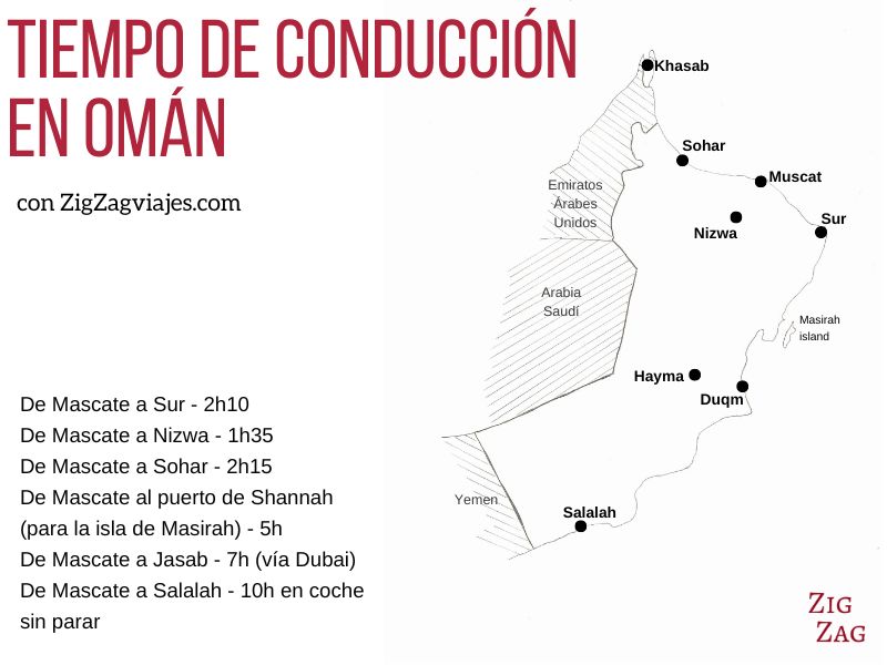 Tiempos de conducción por Omán - Mapa