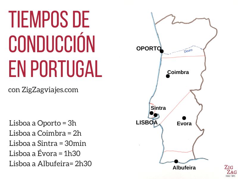 Mapa de tiempos de conducción en Portugal