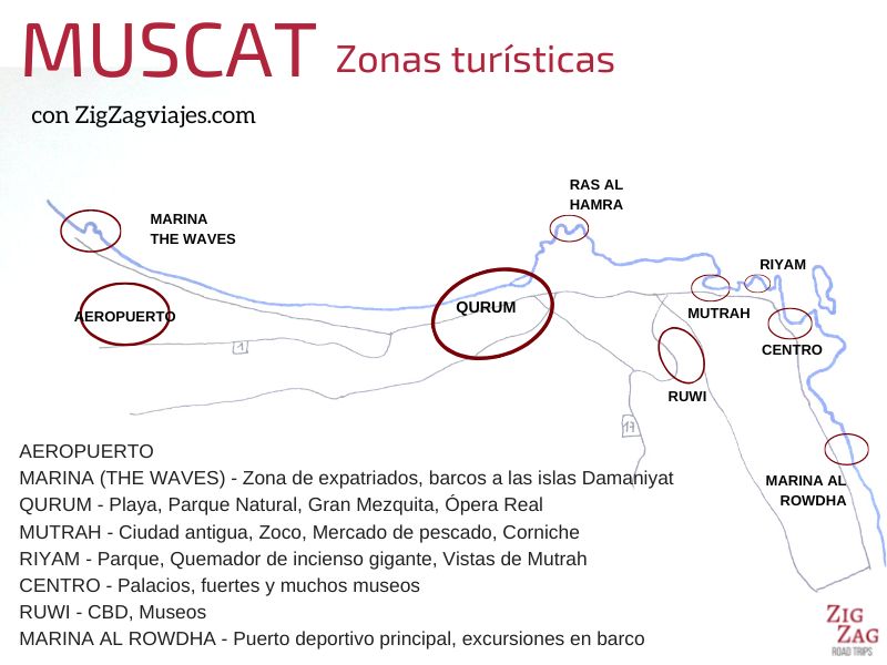 Mapa de las mejores zonas turísticas en Muscat