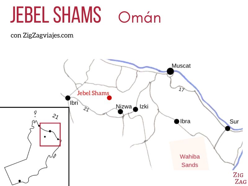 Jebel Shams en Omán - Mapa