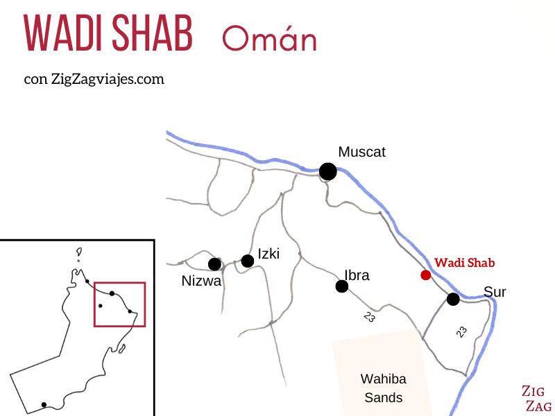 A continuación encontrará un mapa que le ayudará a comprender mejor la ubicación de Wadi Shab en Omán