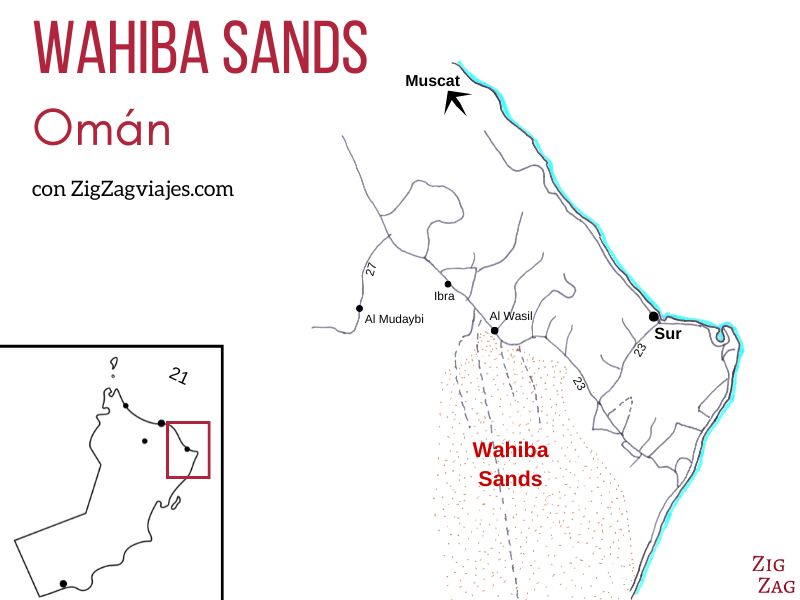 Mapa del desierto de Wahiba Sands en Omán