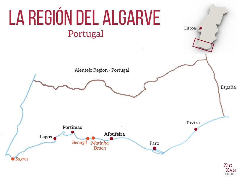 Mapa de la región del Algarve