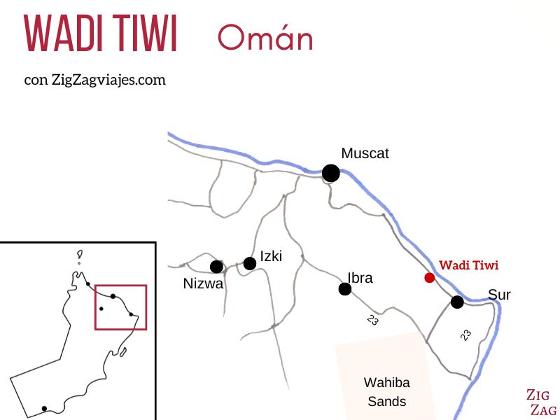 Wadi Tiwi en Omán - Mapa