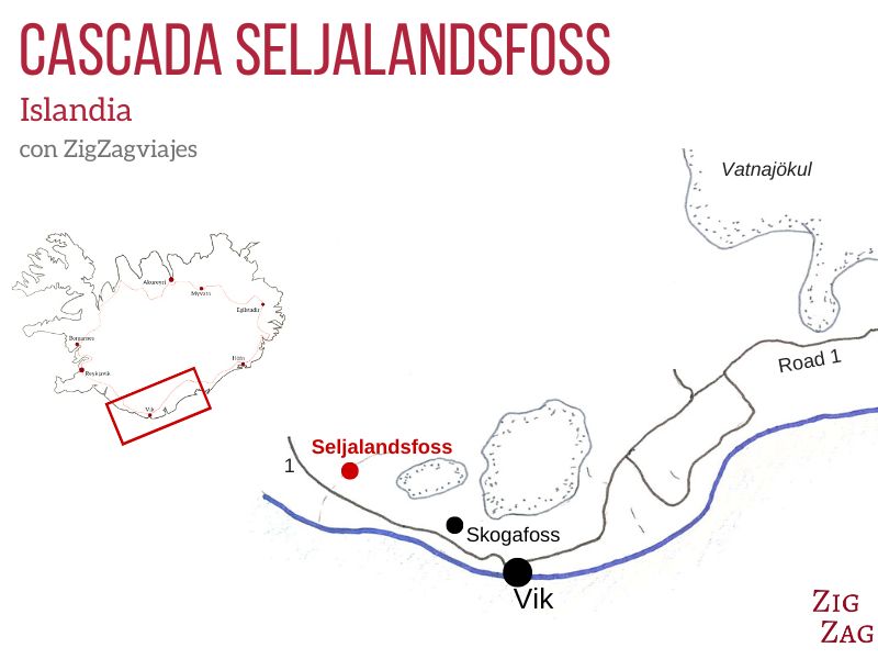 Mapa de la cascada Seljalandsfoss en Islandia