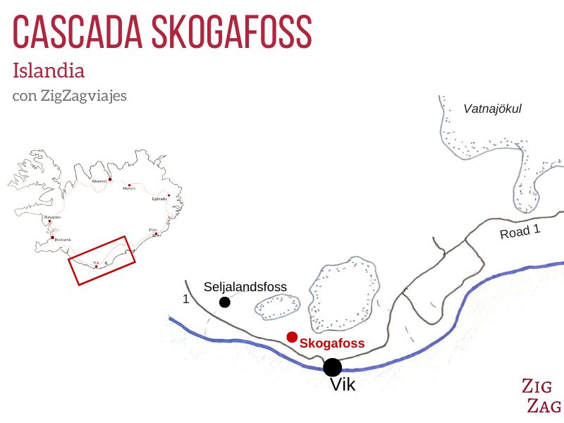 Mapa de la cascada Skogafoss en Islandia