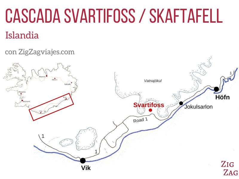 Mapa de la Cascada Svartifoss en Skaftafell, Islandia