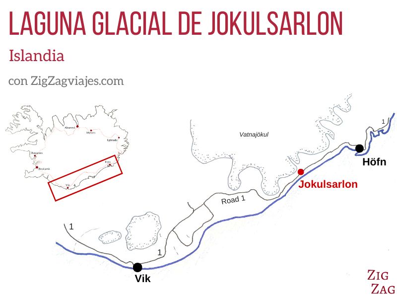 Laguna glacial de Jokulsarlon en Islandia - Mapa