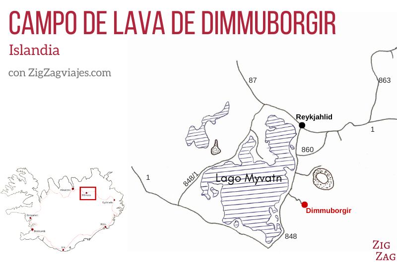 Mapa de Dimmuborgir y Myvatn en Islandia