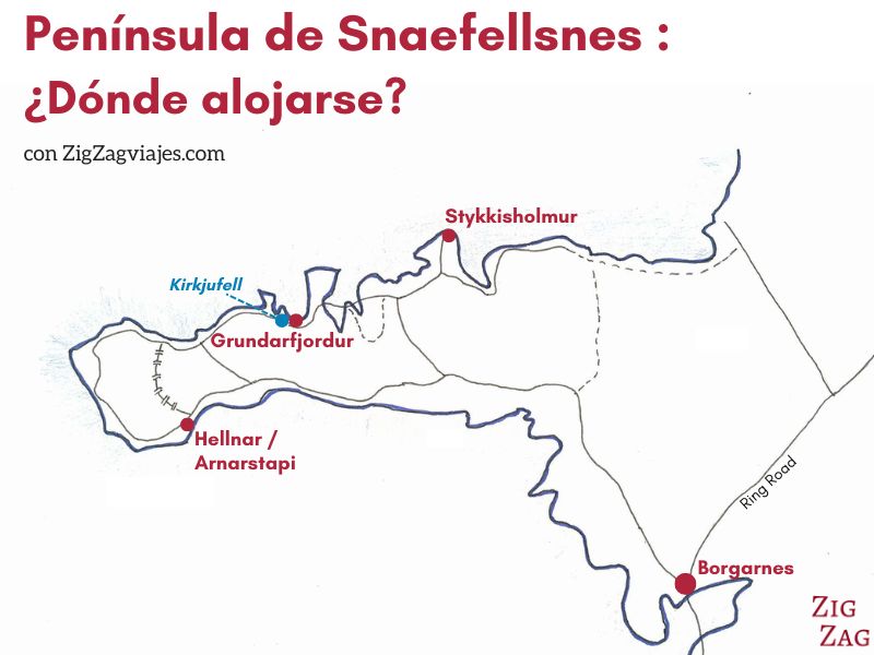 Mapa de dónde alojarse en la peninsula de Snaefellsnes