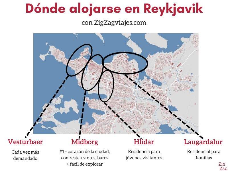 Mapa de dónde alojarse en Reykjavik