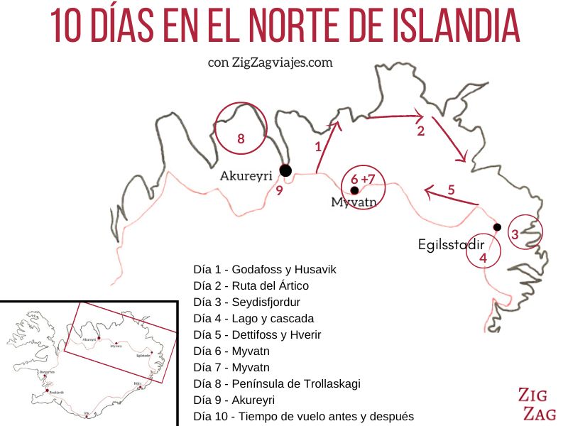 Mapa del itinerario de 10 días por el norte de Islandia