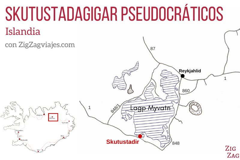 Mapa de pseudocráteres de Skutustadagigar en Icelandia
