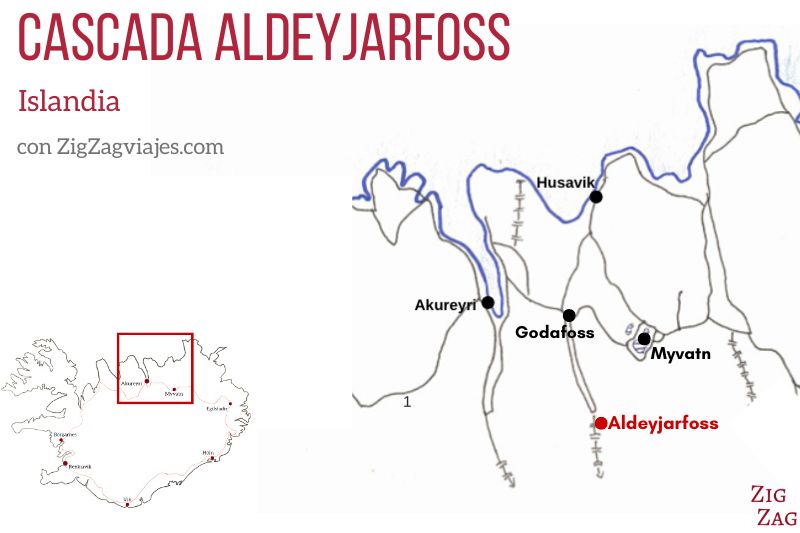 Mapa de la cascada Aldeyjarfoss en Islandia