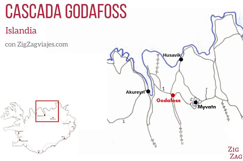 Mapa de la cascada Godafoss en Islandia
