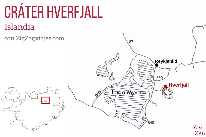 Mapa del cráter Hverfjall en Islandia