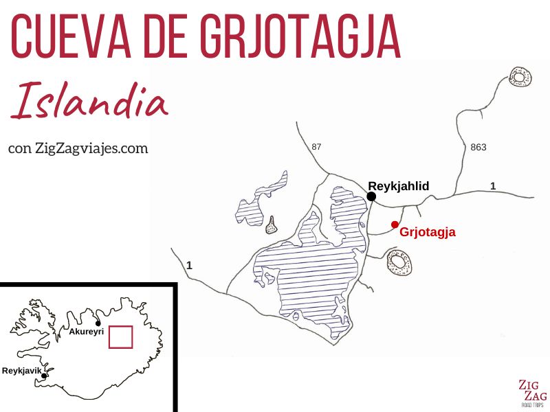 Mapa de la Cueva de Grjotagja en Islandia