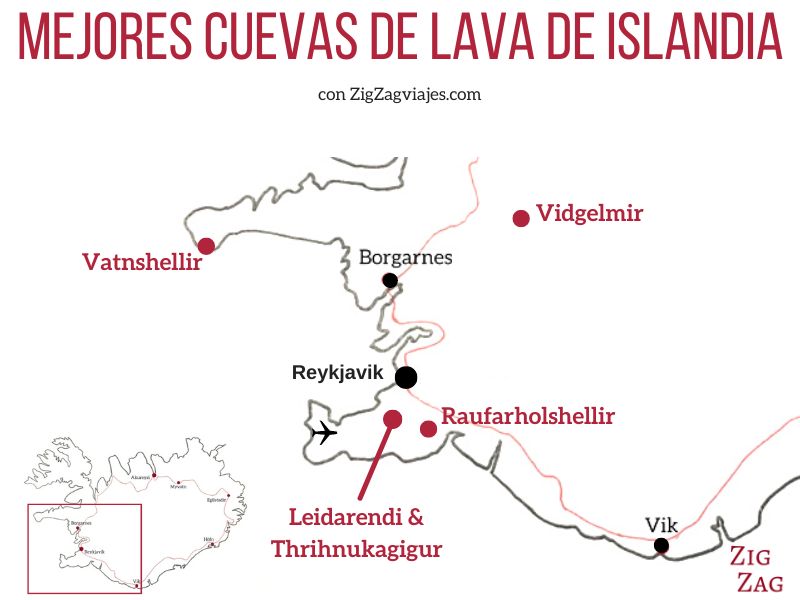 Mapa de las mejores cuevas de lava de Islandia