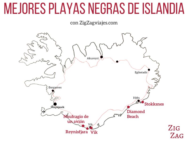 Mapa de las mejores playas negras de Islandia