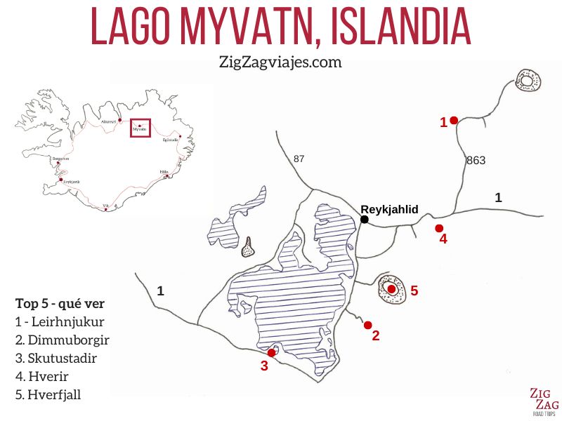 Qué ver en el Lago Myvatn de Islandia - Mapa