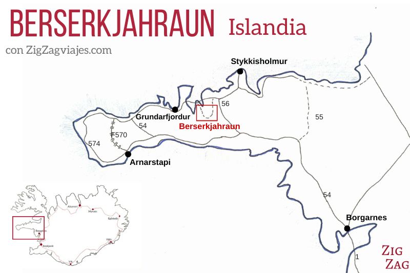 Mapa de Berserkjahraun en Islandia