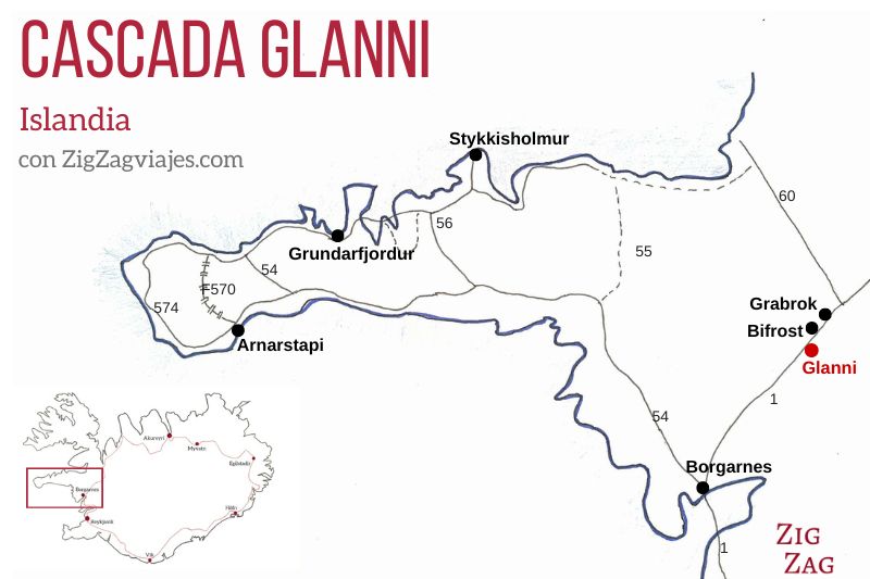 Mapa de la cascada Glanni en Islandia