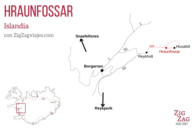 Mapa de Hraunfossar en Islandia