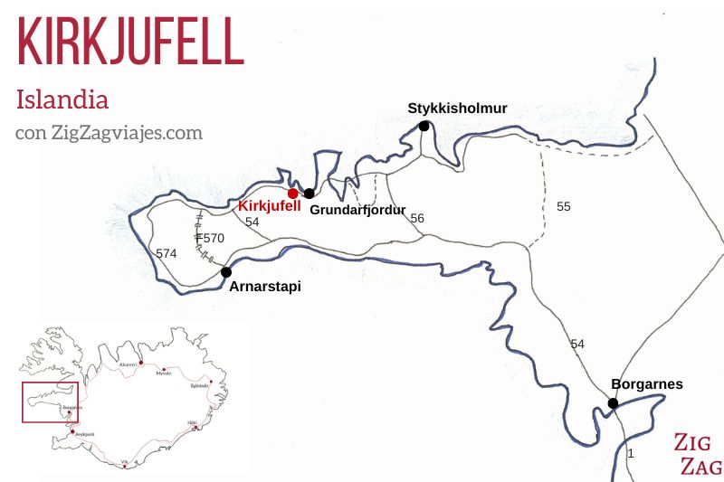 Mapa de Kirkjufell en Islandia