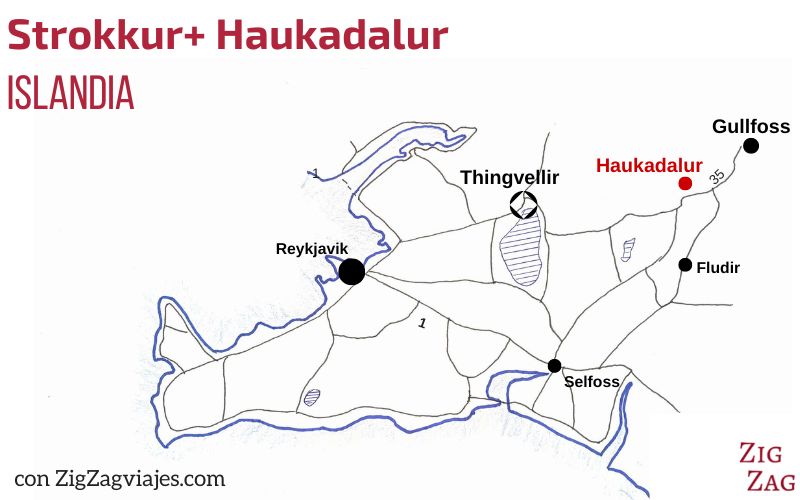 Mapa de Strokkur y zona geotérmica de Haukadalur en Islandia