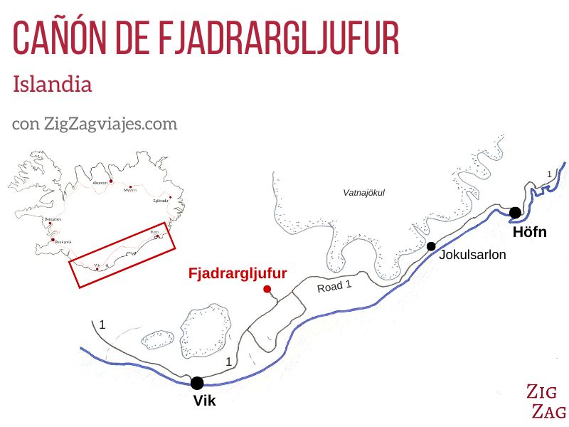 Mapa del Cañón de Fjadrargljufur, Islandia