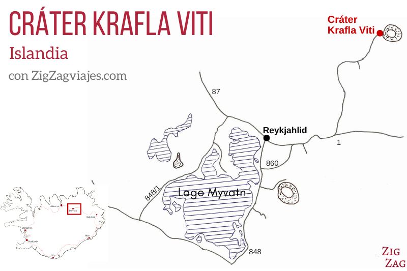 Mapa del cráter Krafla Viti en Islandia