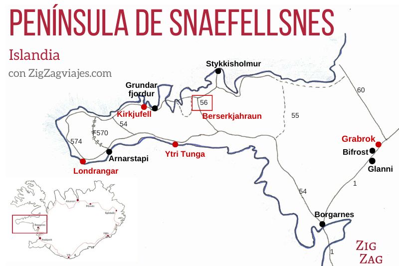 Mapa de la península de Snaefellsnes en Islandia