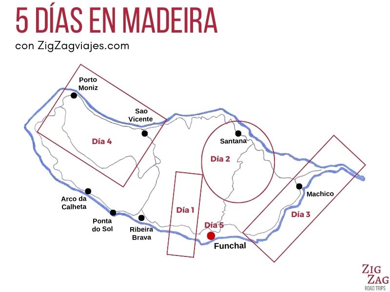 Mapa para un viaje de 5 días por Madeira