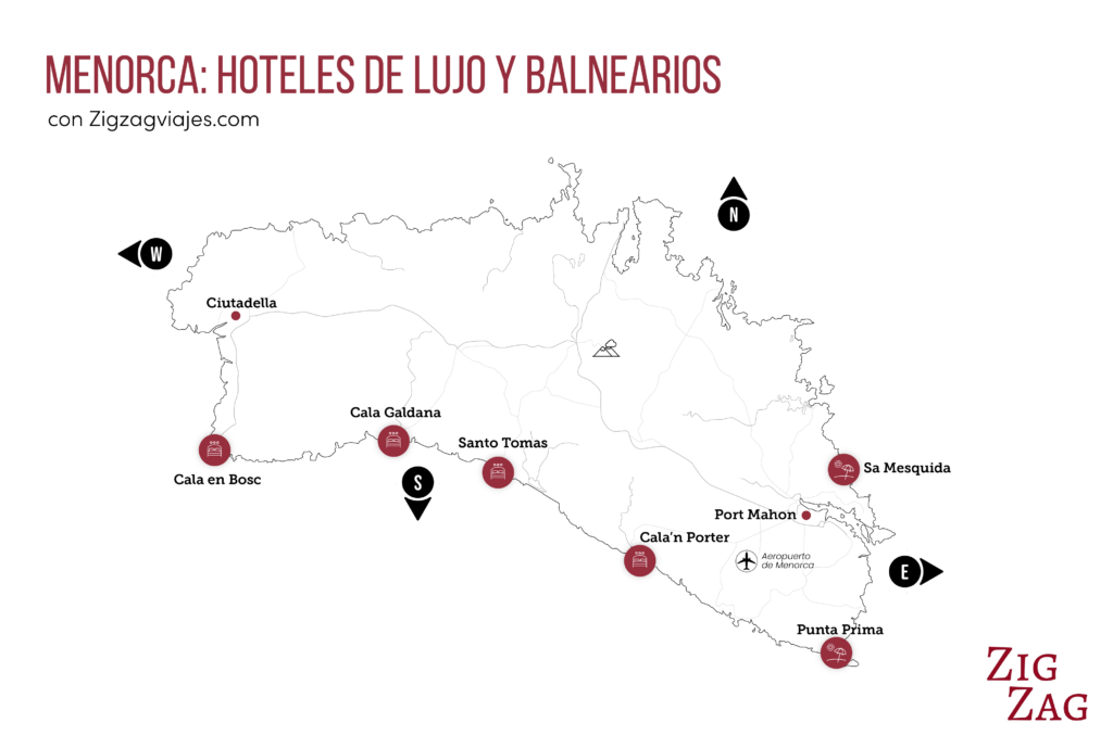 Mapa: hoteles de lujo y balnearios en Menorca