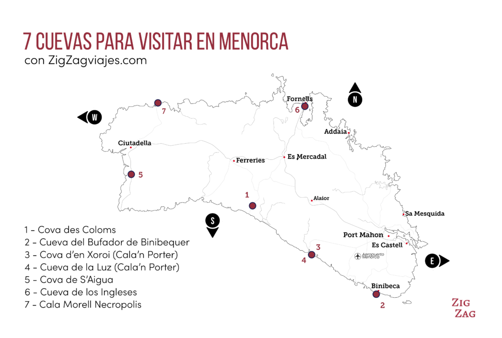 Mapa: Mejores cuevas a Menorca