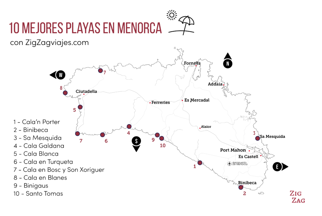 Mapa: mejores playas en Menorca
